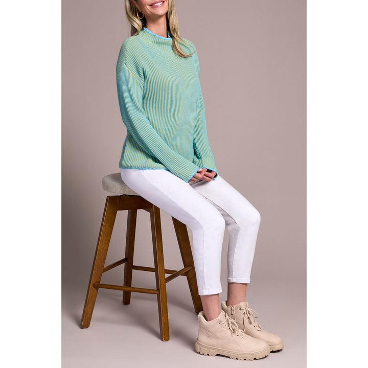 Pull col cheminée côtelé bicolore en coton peigné