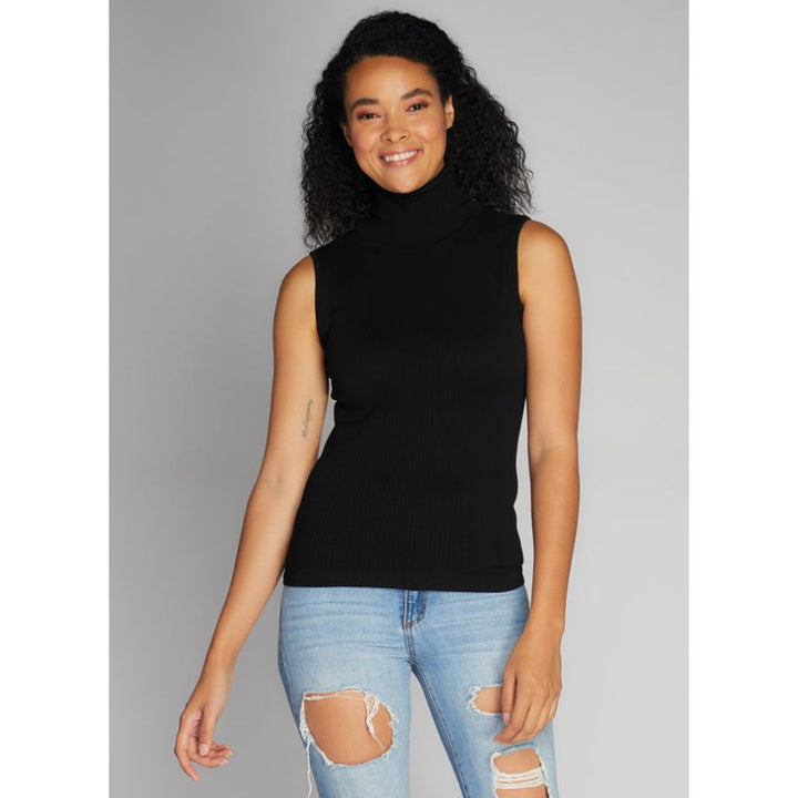 Top de cuello alto sin mangas de canalé sin costuras