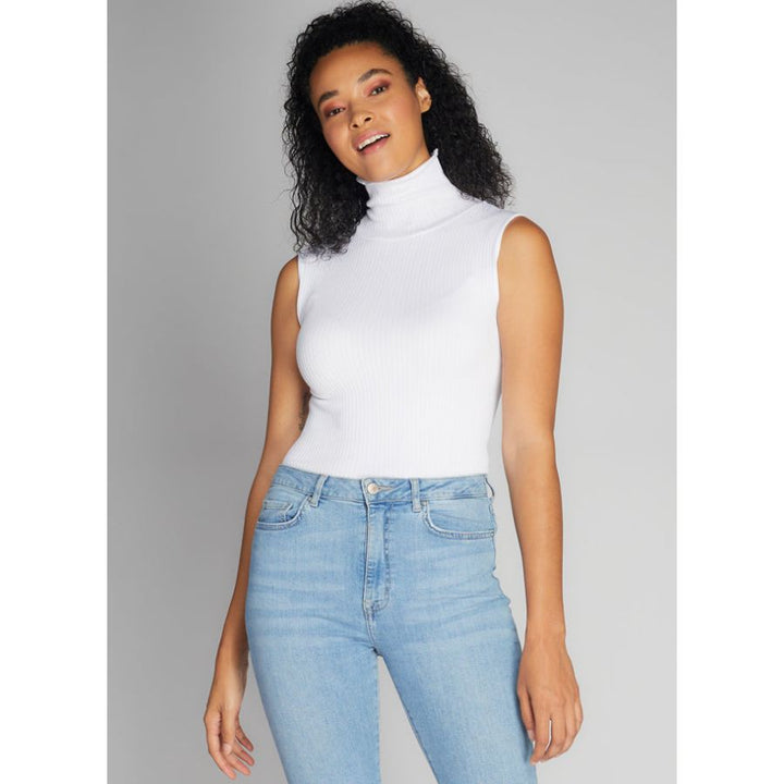 Top de cuello alto sin mangas de canalé sin costuras