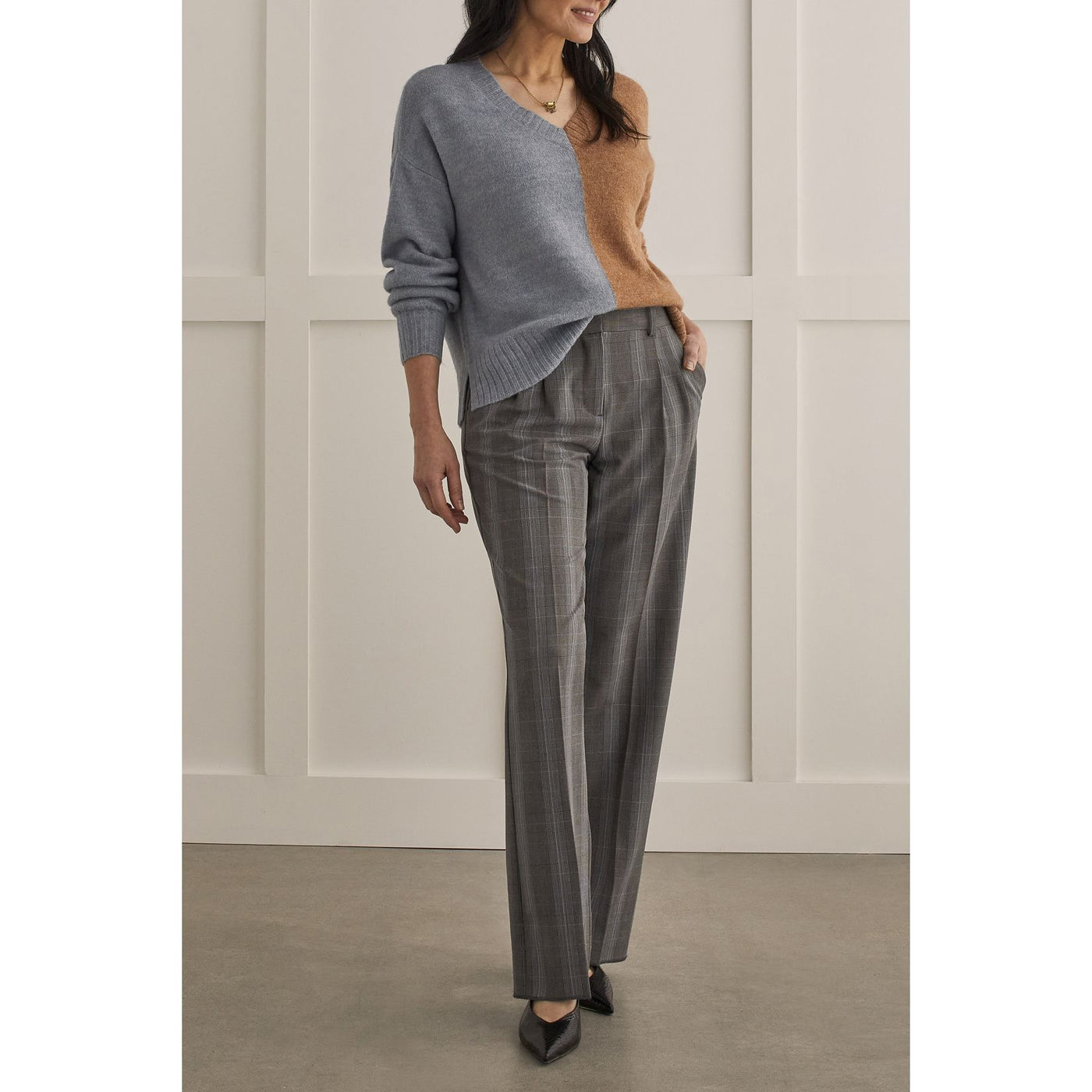 Pleated Plaid Wide-Leg Trouser