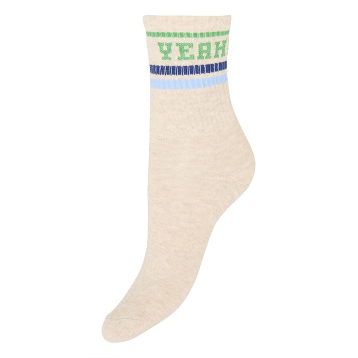 Beige sock with blue and green text on a white background