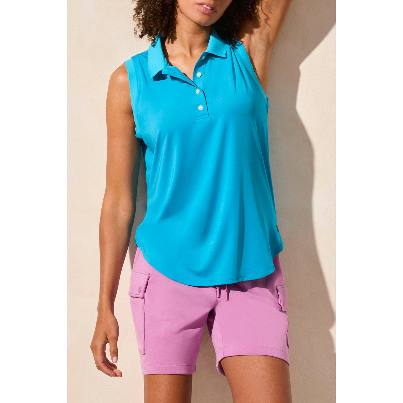 Sleeveless Polo Top w/ Scalloped Edge