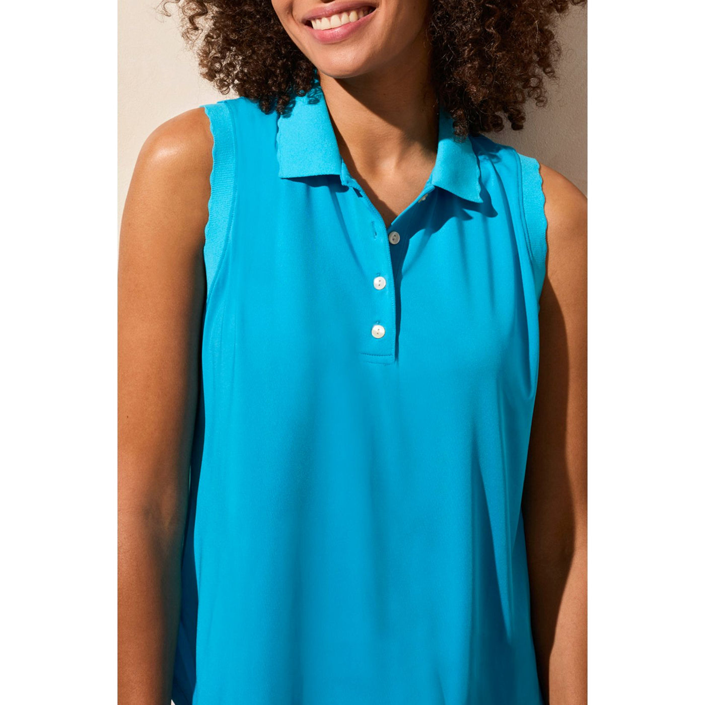 Sleeveless Polo Top w/ Scalloped Edge