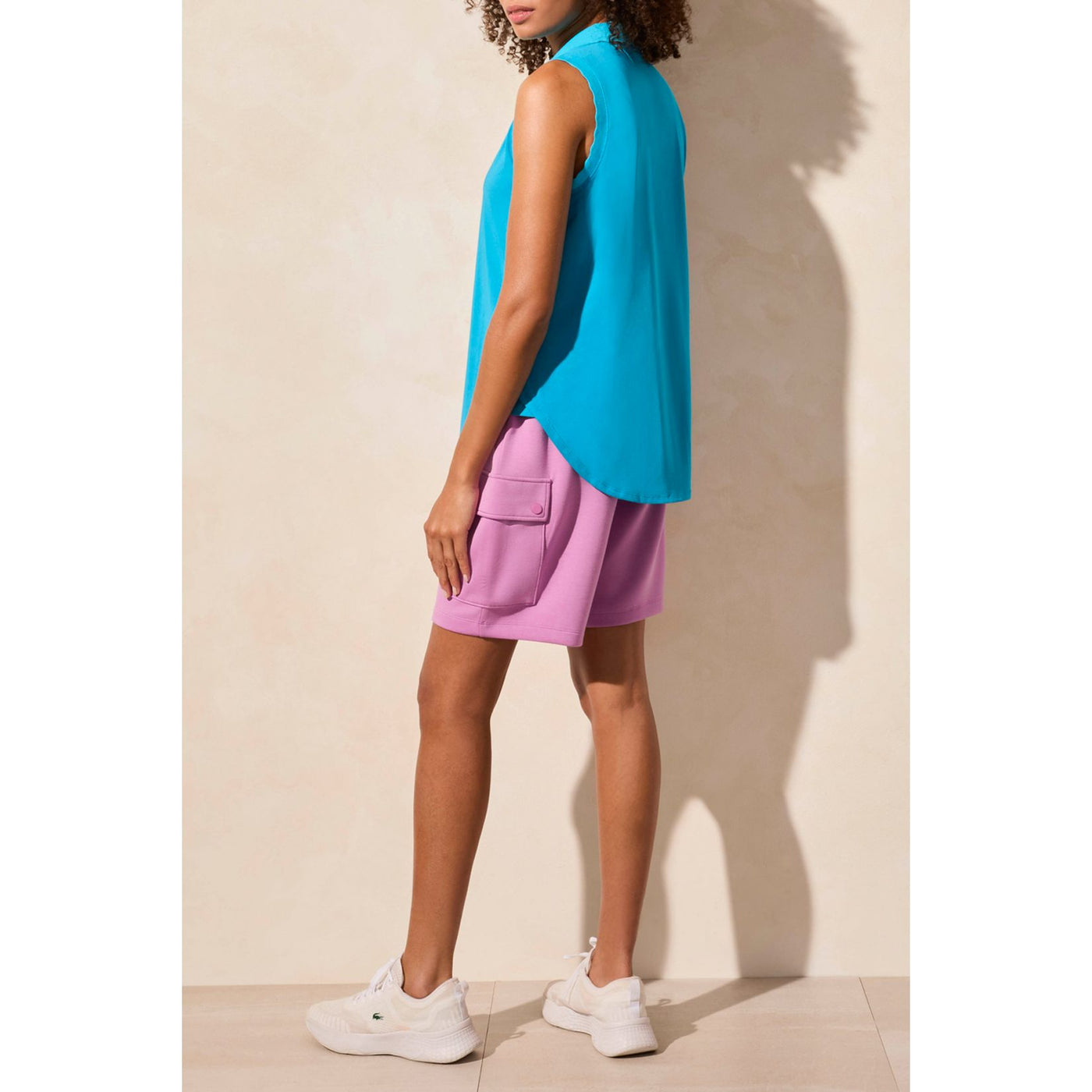 Sleeveless Polo Top w/ Scalloped Edge