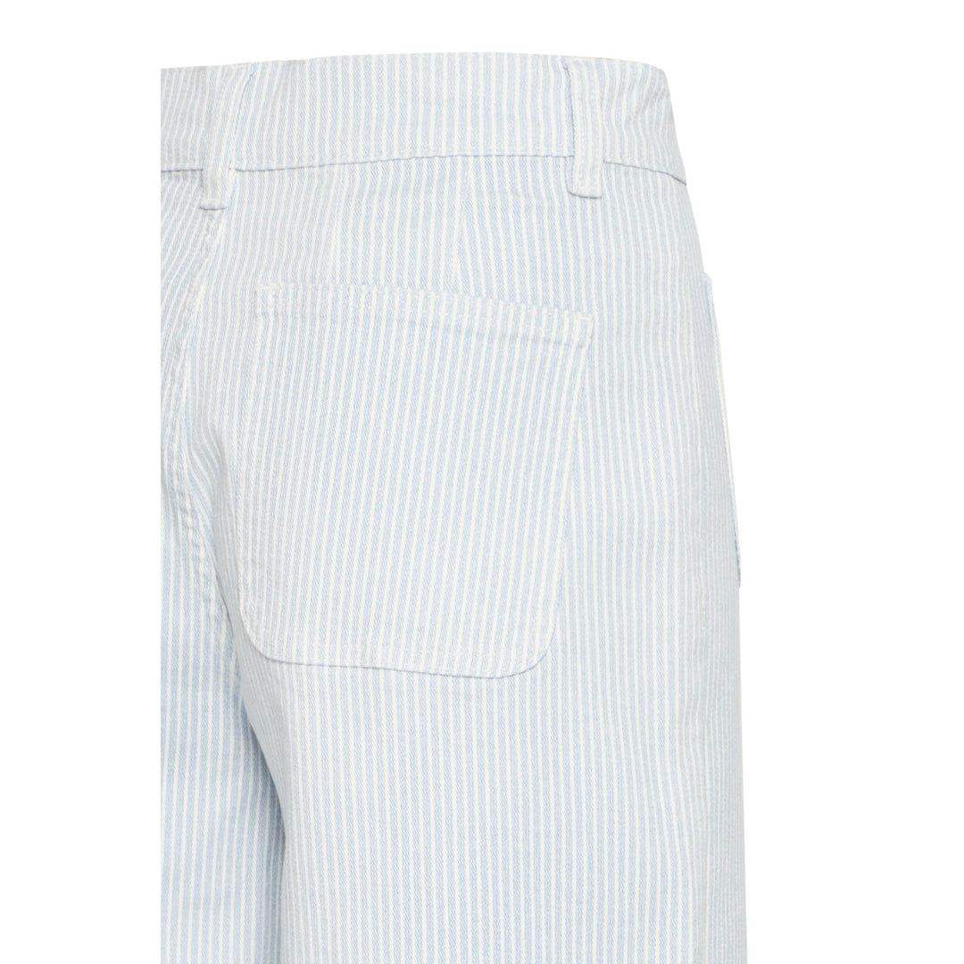 Close-up of a white pants with blue stripes on a white background