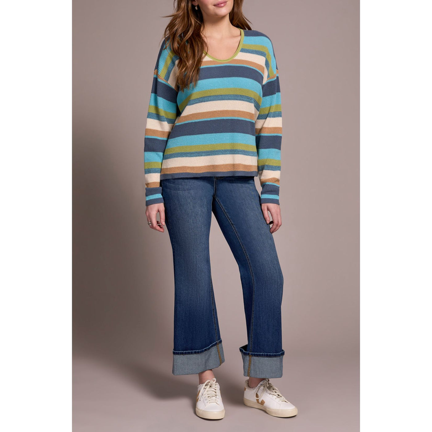 Combed Cotton U-Neck Waffle Sweater