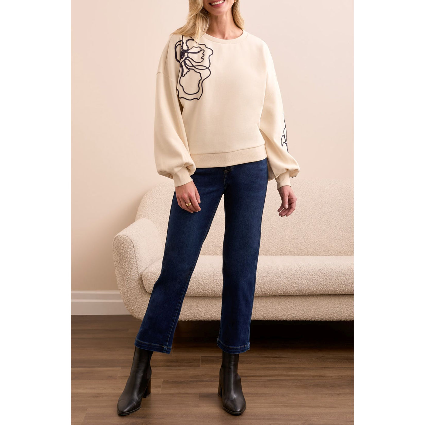 Crew Sweater Top w/Embroidery