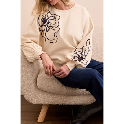 Crew Sweater Top w/Embroidery