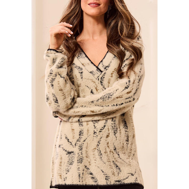 Fuzzy Animal Print V-Neck Sweater