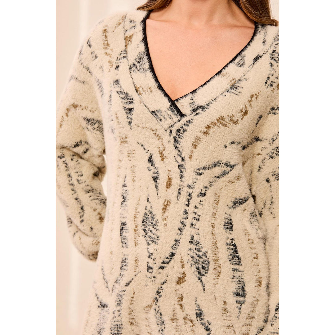 Fuzzy Animal Print V-Neck Sweater