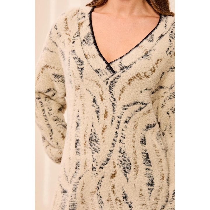 Fuzzy Animal Print V-Neck Sweater