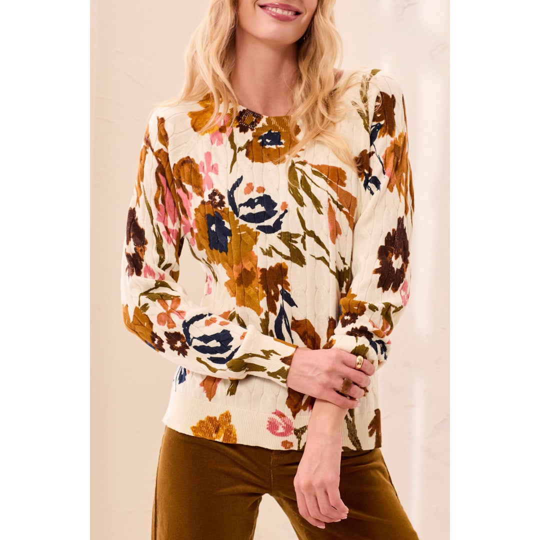 Printed Cable Cotton Crew Neck Sweater