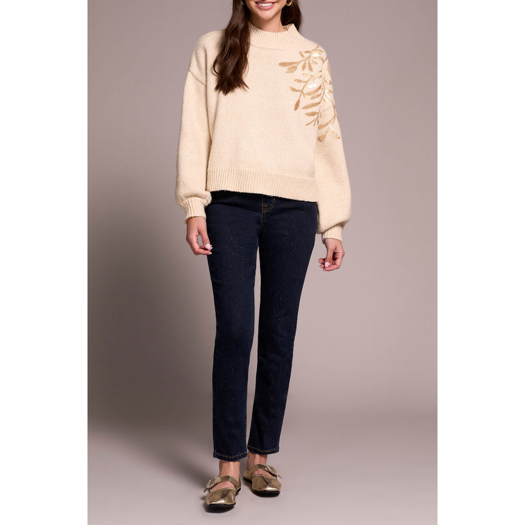 Sequin Floral Applique Mock Neck Sweater