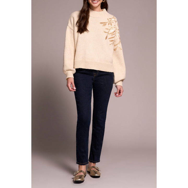 Sequin Floral Applique Mock Neck Sweater