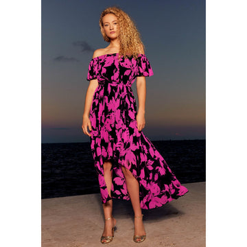 Floral Print Chiffon Off-Shoulder Pleated Dress