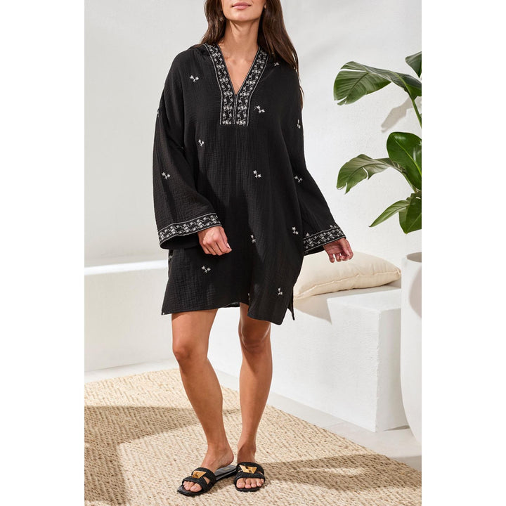 3/4 Sleeve Tunic Dress w/ Embroidery