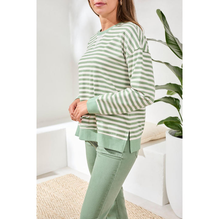 Striped French Terry Crew Neck Top w/ Combo Trim
