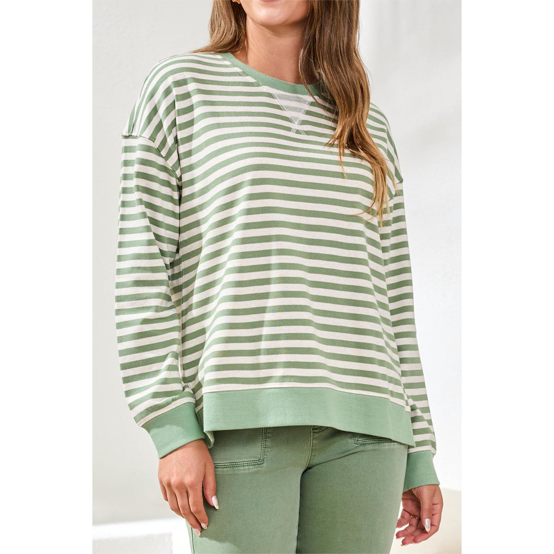 Striped French Terry Crew Neck Top w/ Combo Trim