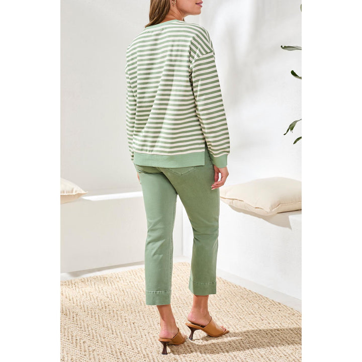Striped French Terry Crew Neck Top w/ Combo Trim