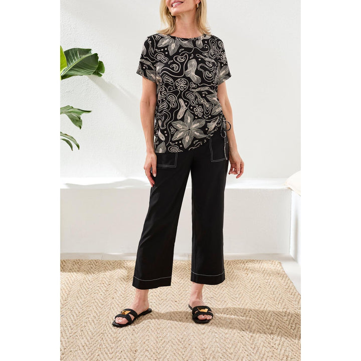 Printed Jersey Crew Neck Top w/ Side Ruching