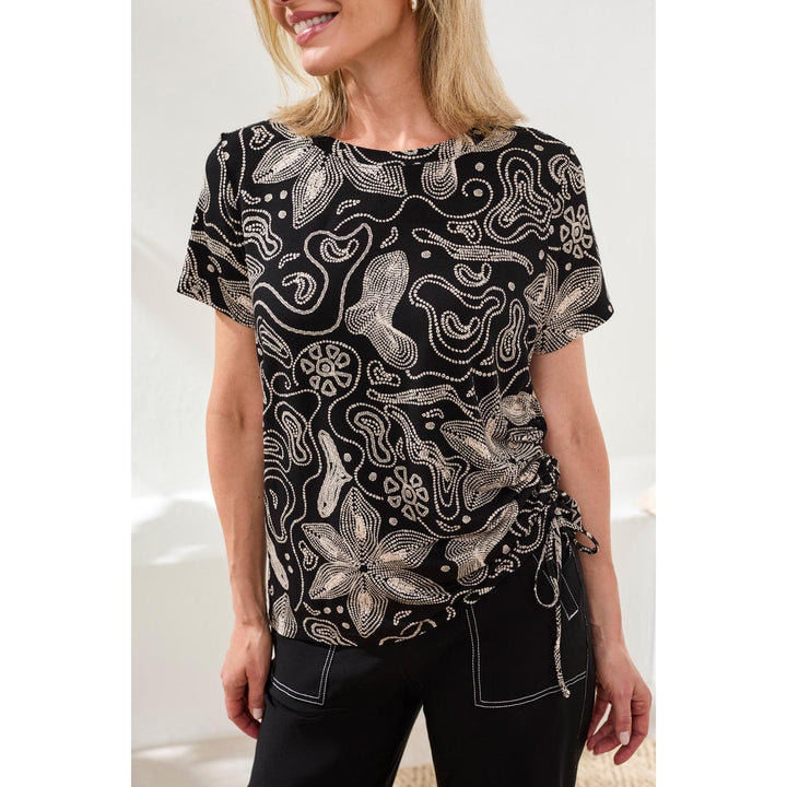 Printed Jersey Crew Neck Top w/ Side Ruching
