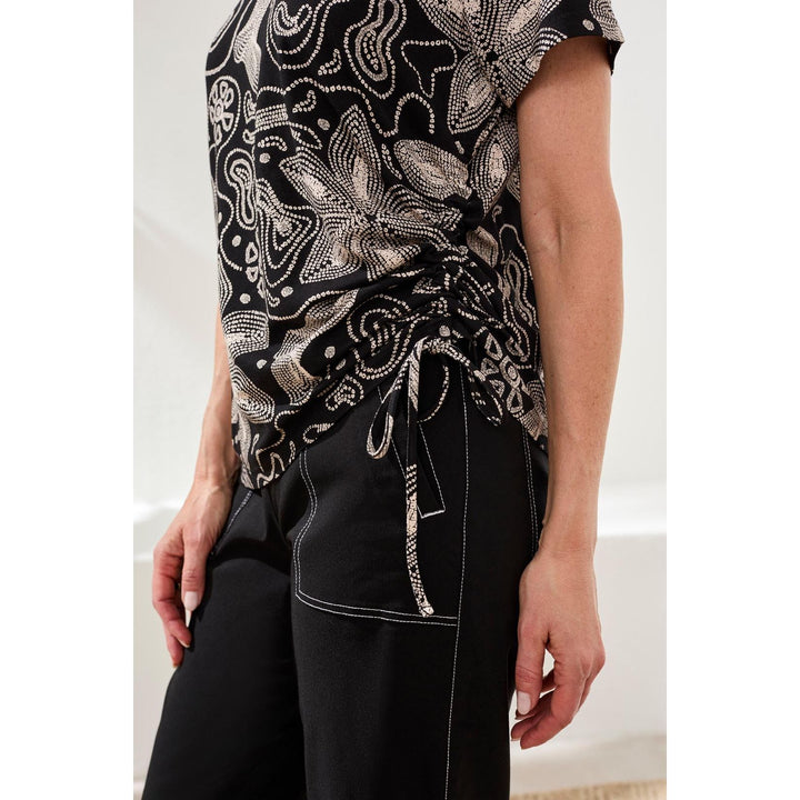 Printed Jersey Crew Neck Top w/ Side Ruching