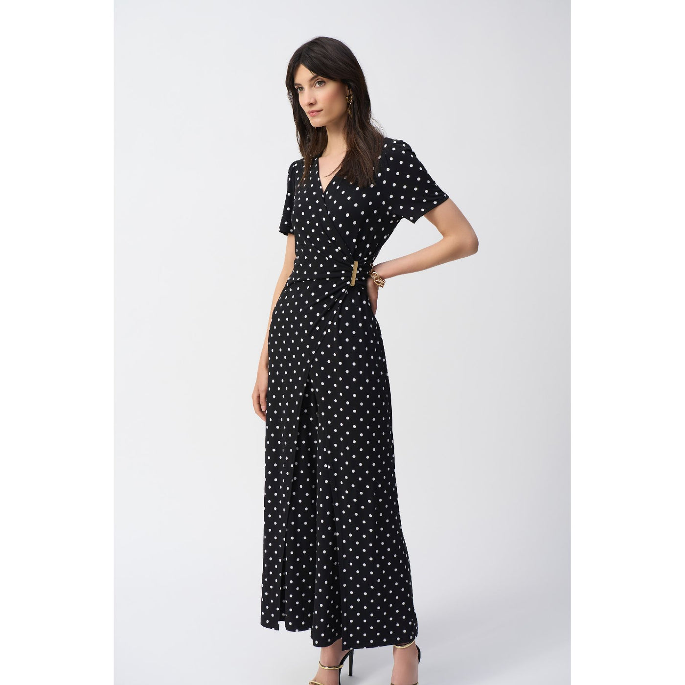 Silky Knit Dot Print Wrap Culotte Jumpsuit