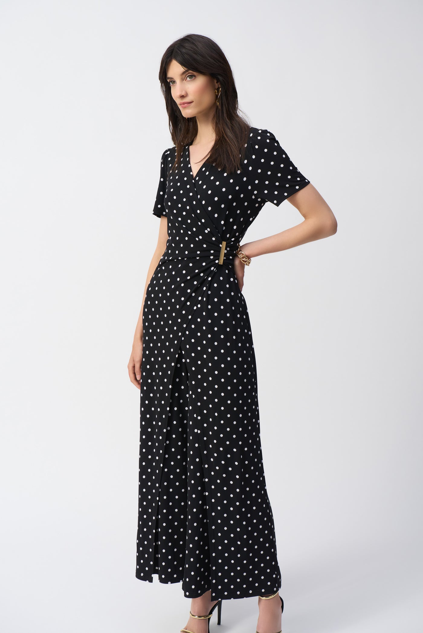 Silky Knit Dot Print Wrap Culotte Jumpsuit