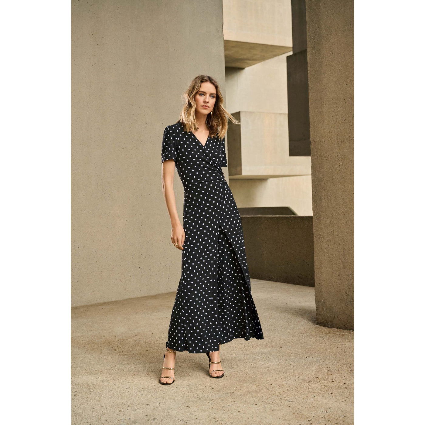 Silky Knit Dot Print Wrap Culotte Jumpsuit