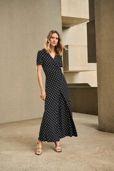 Silky Knit Dot Print Wrap Culotte Jumpsuit