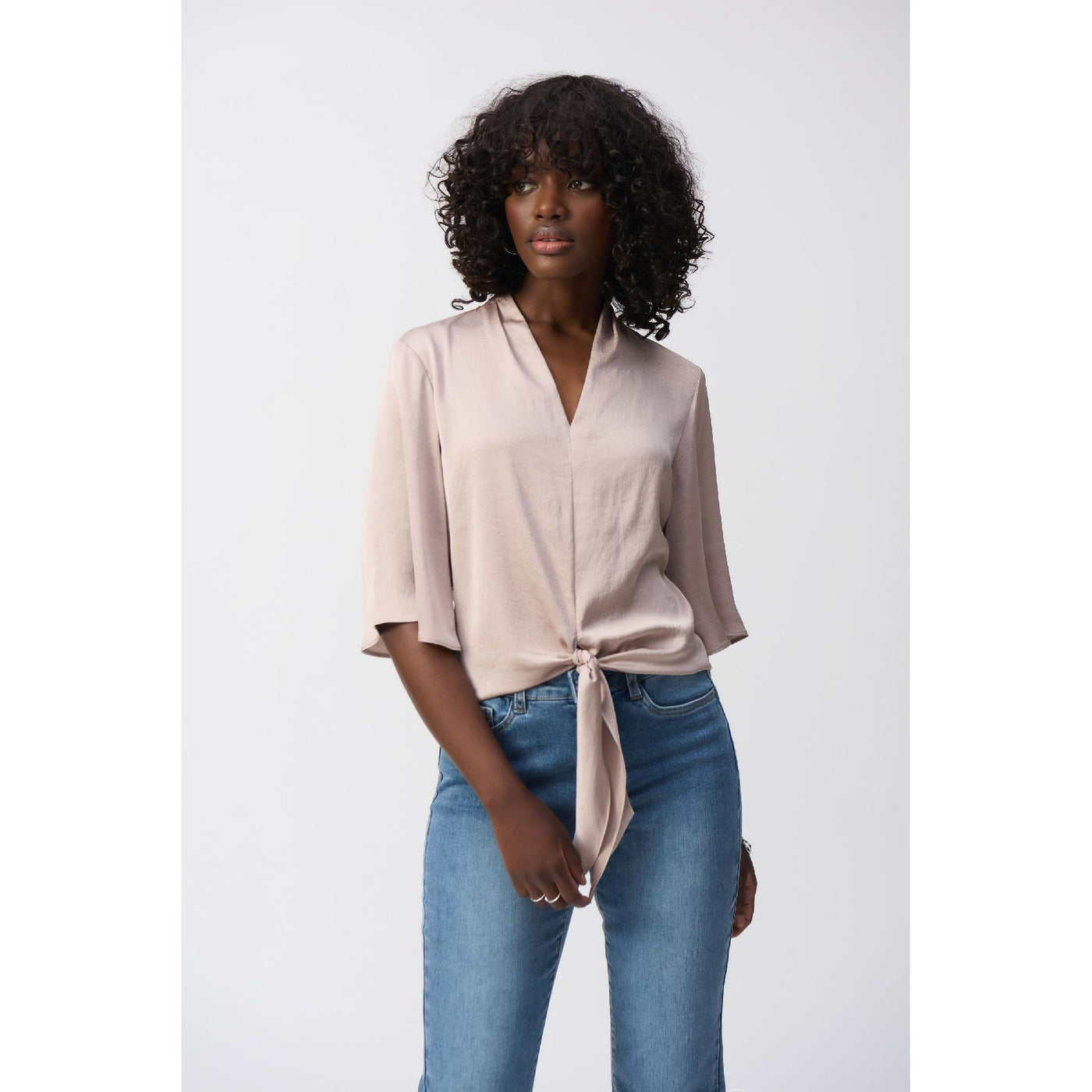 Satin V-Neck Top with Front Tie