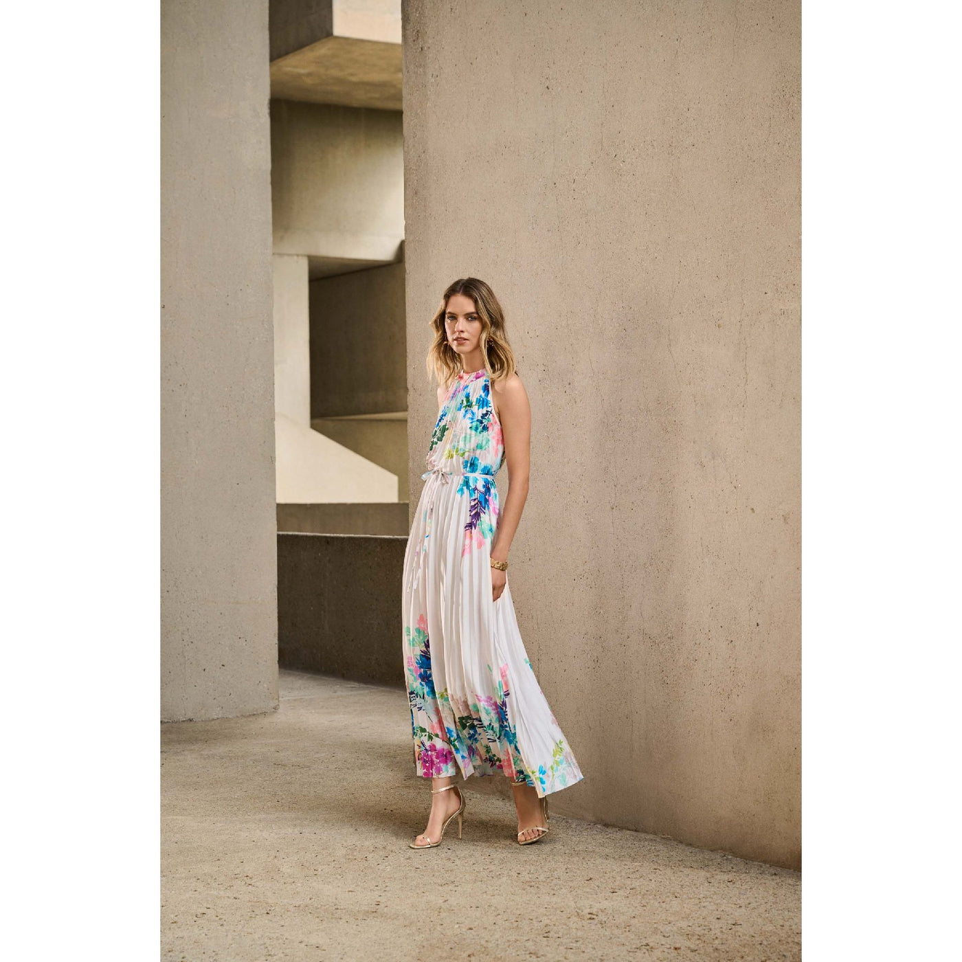 Pleated Satin Floral Print Maxi Dress