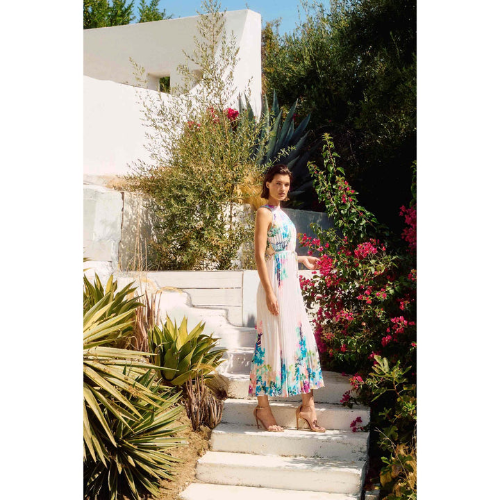 Robe longue plissée en satin à imprimé floral