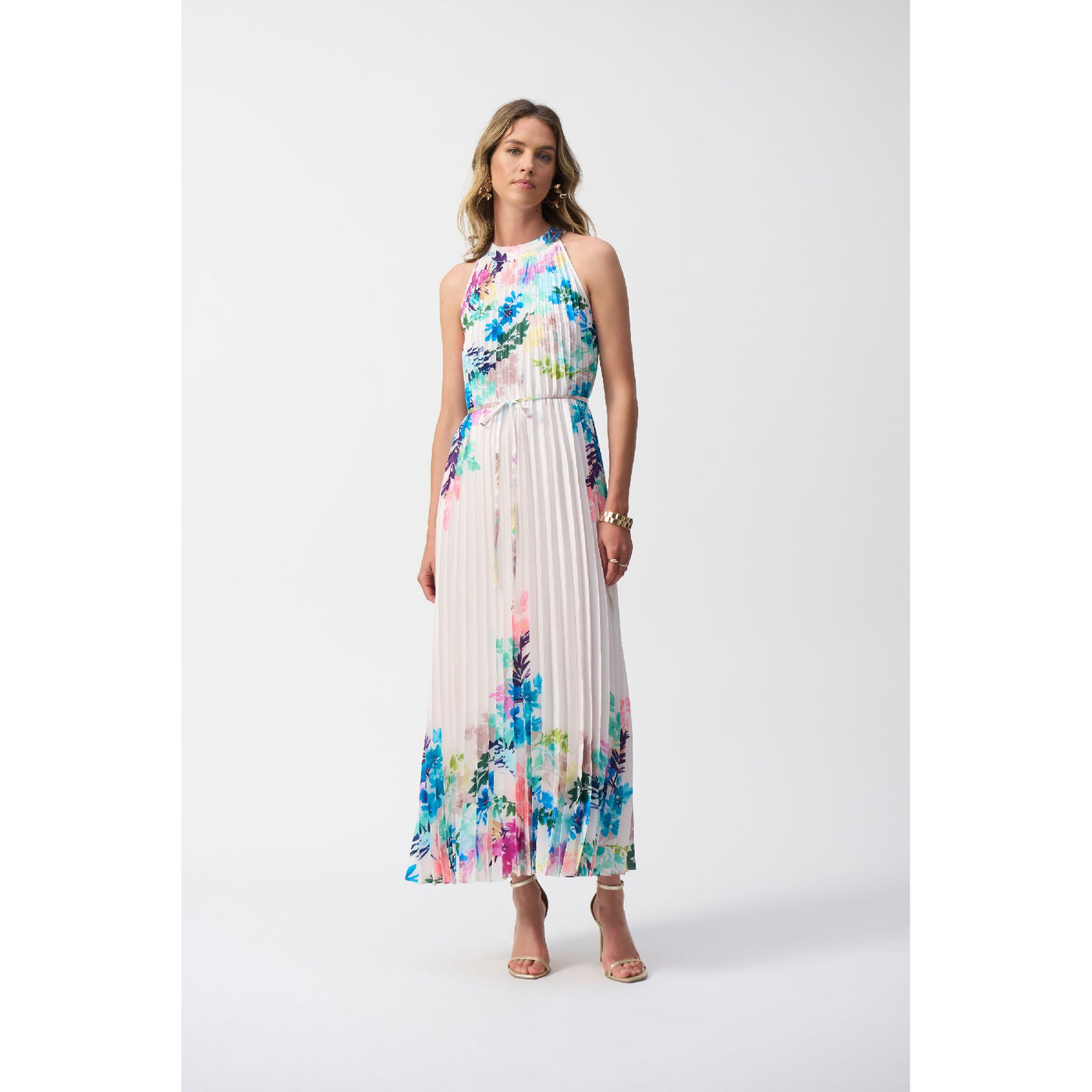 Pleated Satin Floral Print Maxi Dress