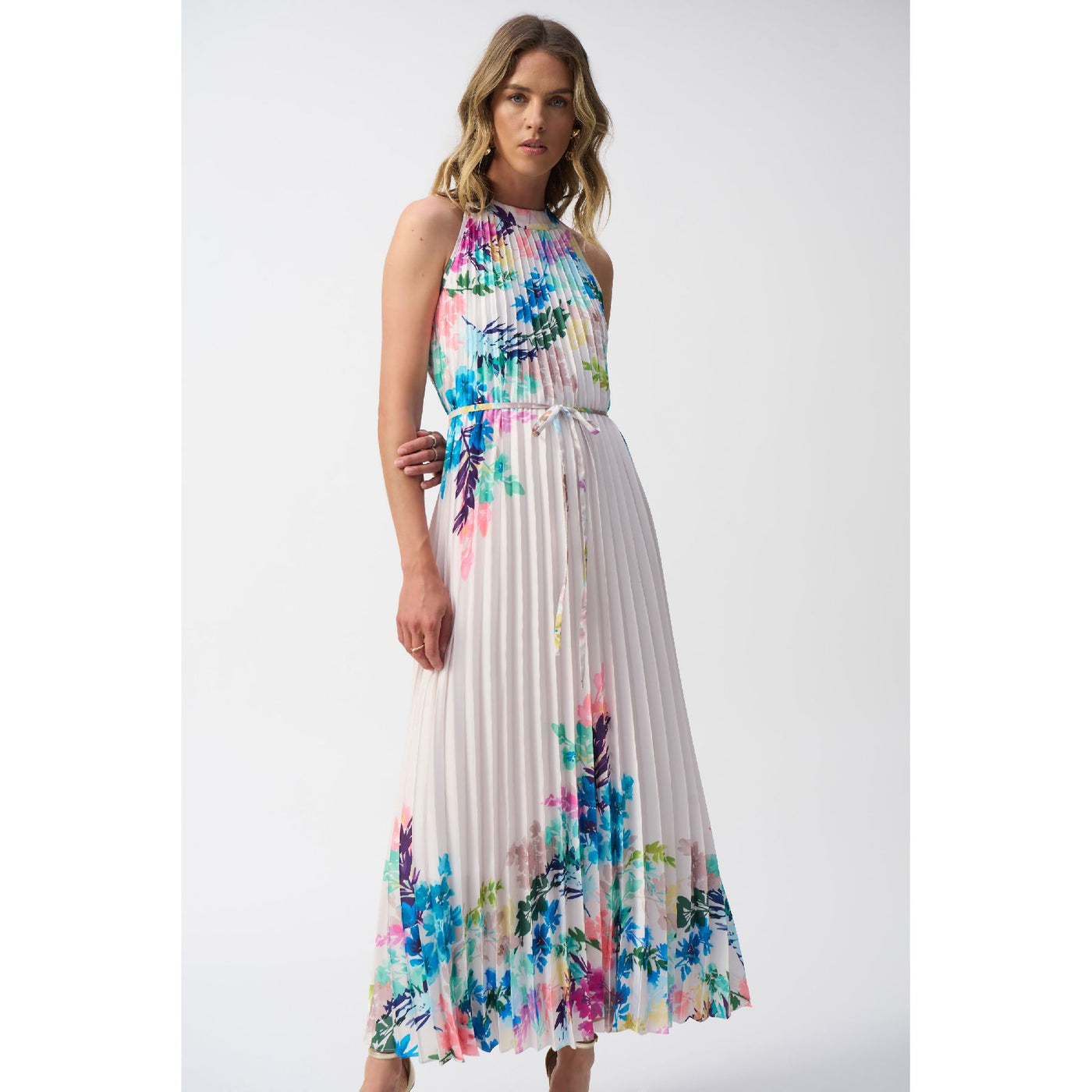 Pleated Satin Floral Print Maxi Dress