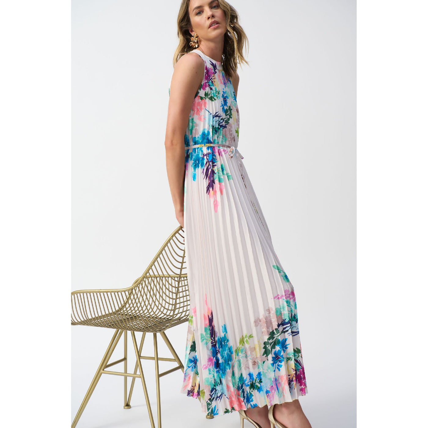 Pleated Satin Floral Print Maxi Dress