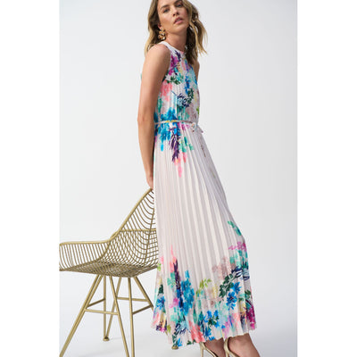 Pleated Satin Floral Print Maxi Dress