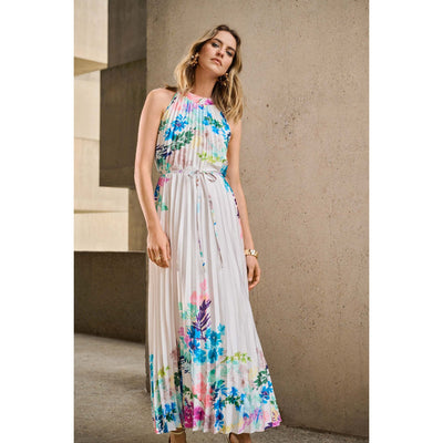 Pleated Satin Floral Print Maxi Dress