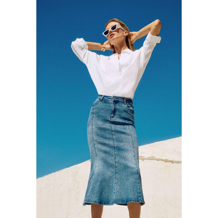 Jupe trompette en denim extensible