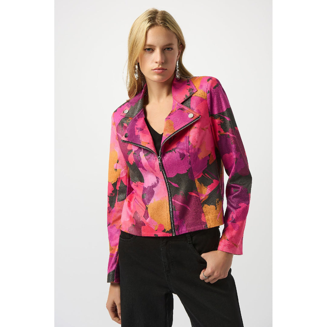 Foiled Faux Suede Abstract Print Fitted Jacket
