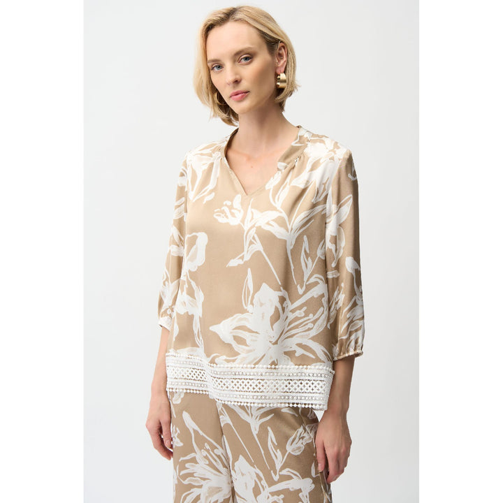 Satin Floral Print Straight Top With Mandarin Collar