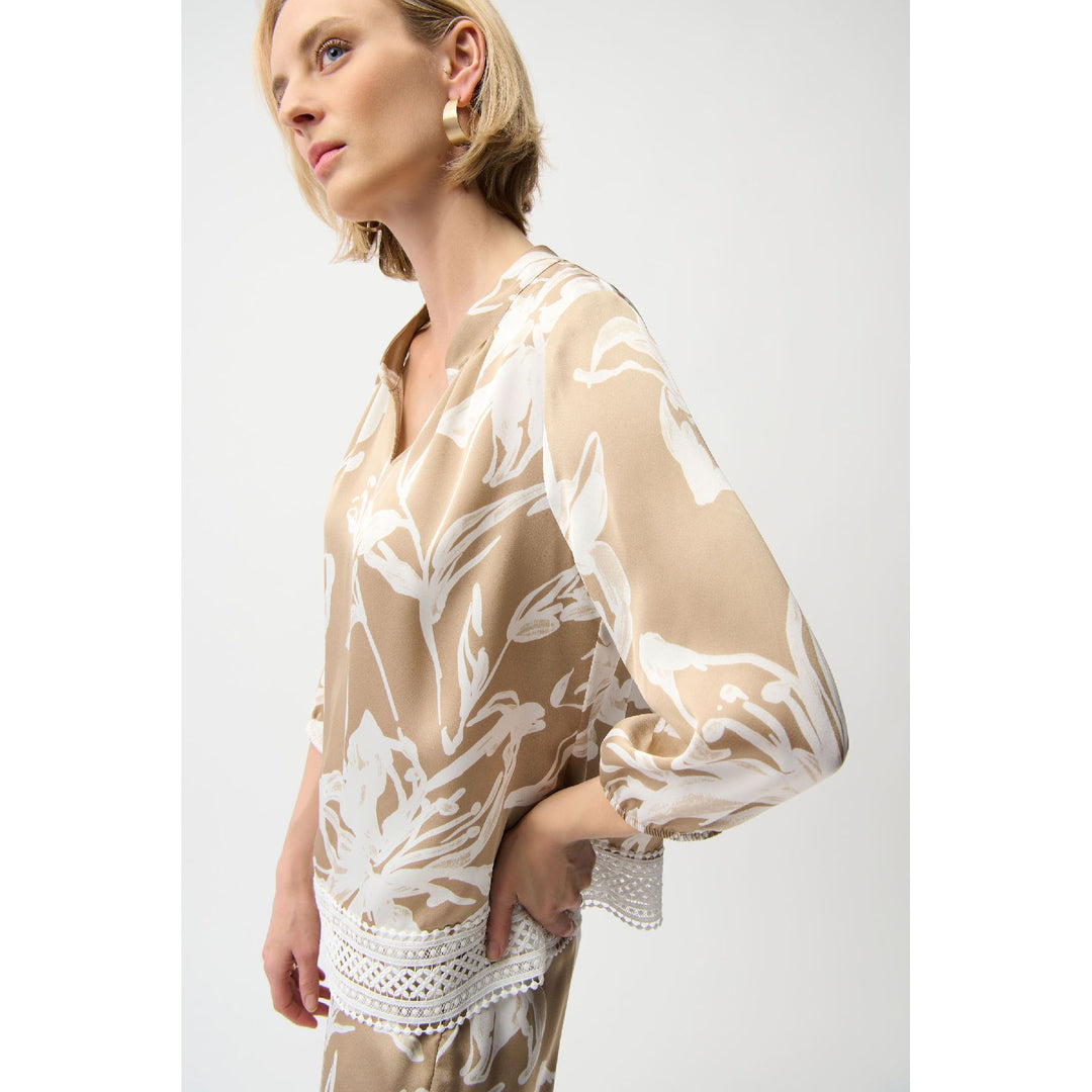 Satin Floral Print Straight Top With Mandarin Collar