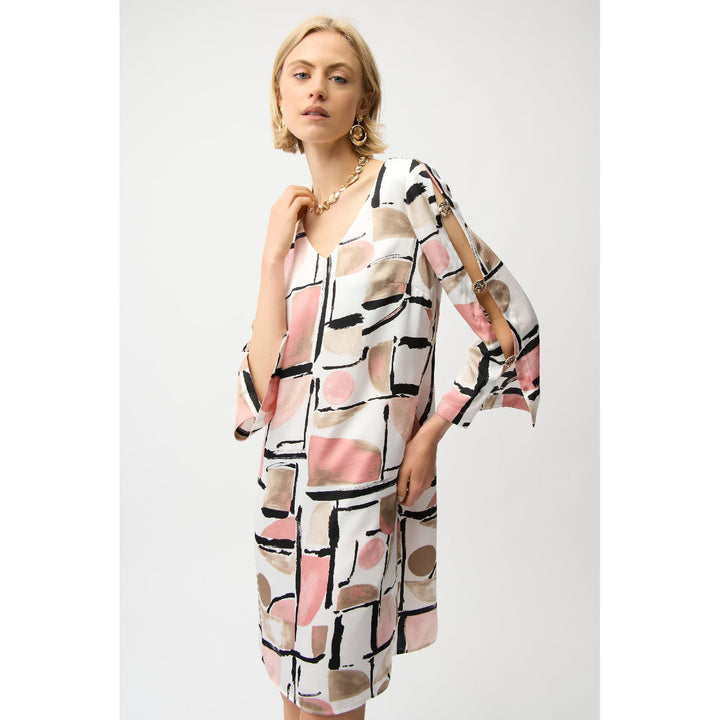 Recycled Satin Abstract Print Trapeze Dress w/ Gold Detail