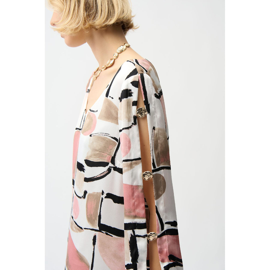 Recycled Satin Abstract Print Trapeze Dress w/ Gold Detail