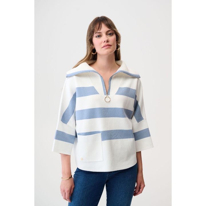 Brushed Viscose Stripe Print Boxy Sweater with Zipped Collar