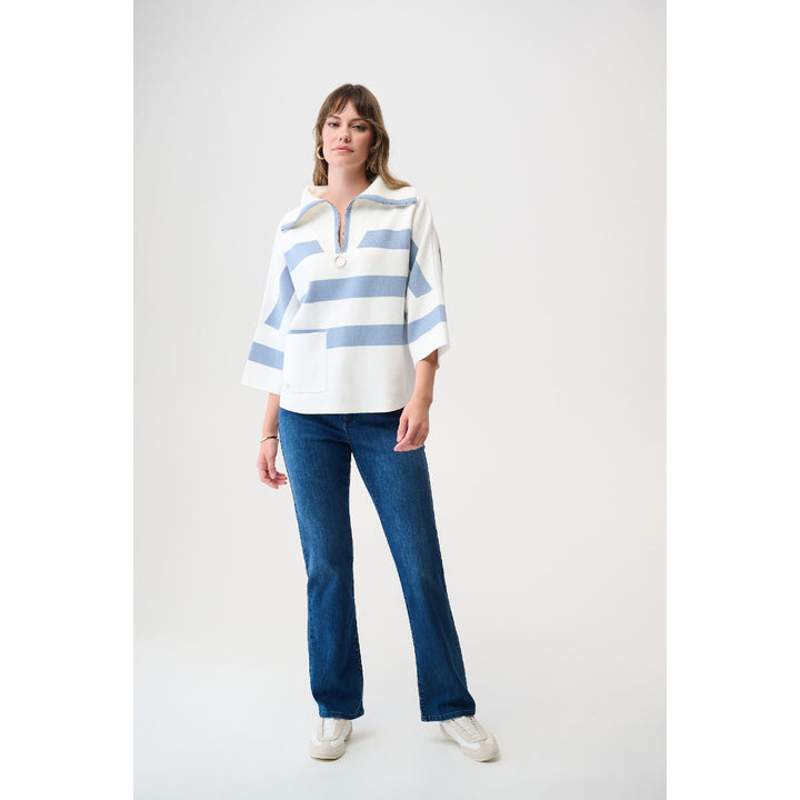 Brushed Viscose Stripe Print Boxy Sweater with Zipped Collar