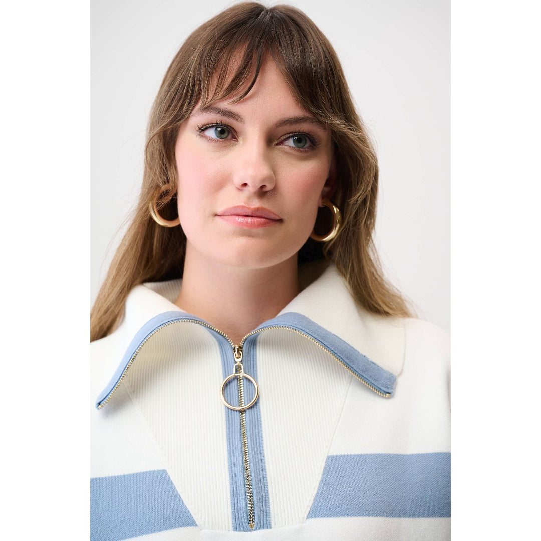 Brushed Viscose Stripe Print Boxy Sweater with Zipped Collar