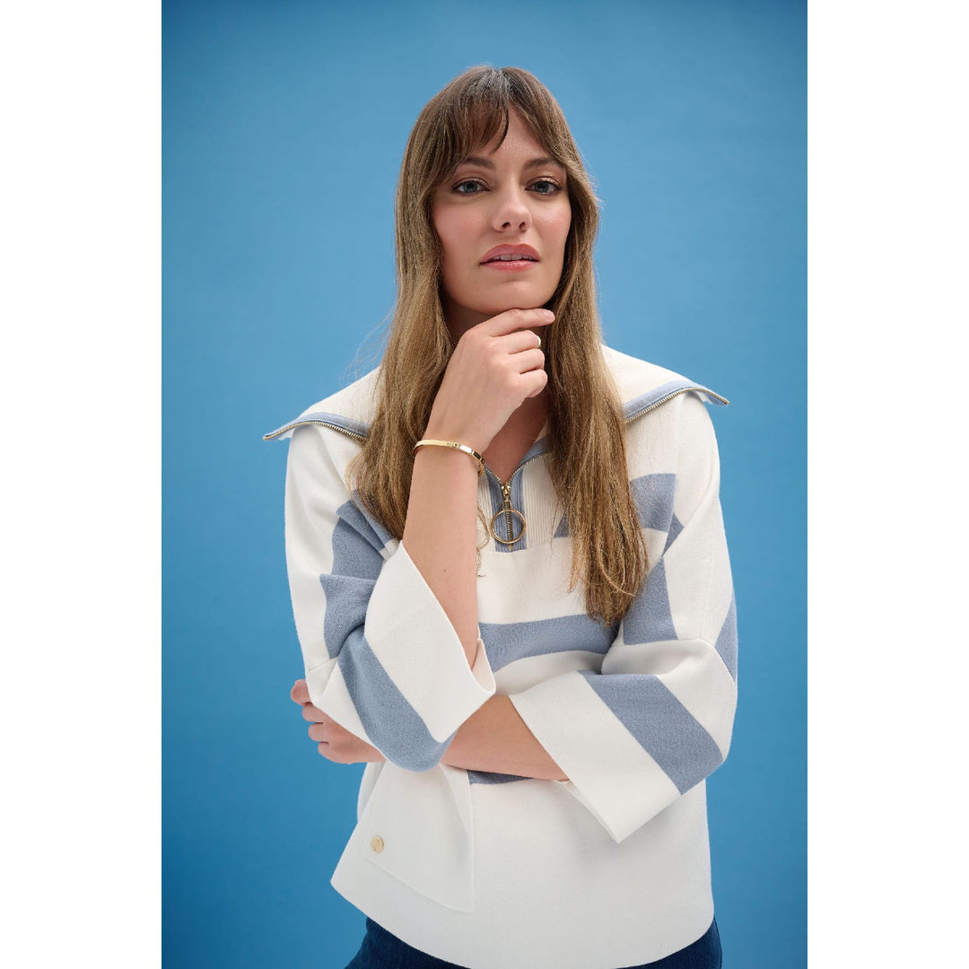 Brushed Viscose Stripe Print Boxy Sweater with Zipped Collar