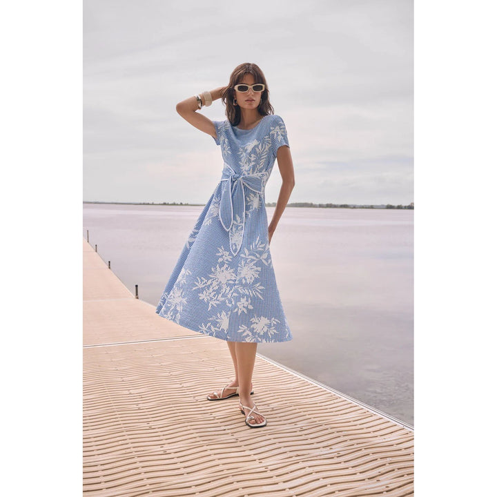 Woven Seersucker Floral Print Fit and Flare Dress