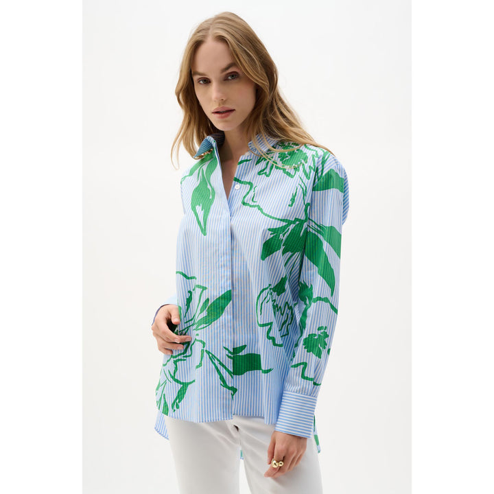 Cotton Stripe Floral Print Boxy Blouse